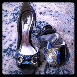 Blue/green/brown multi d’orsay peep toe heels